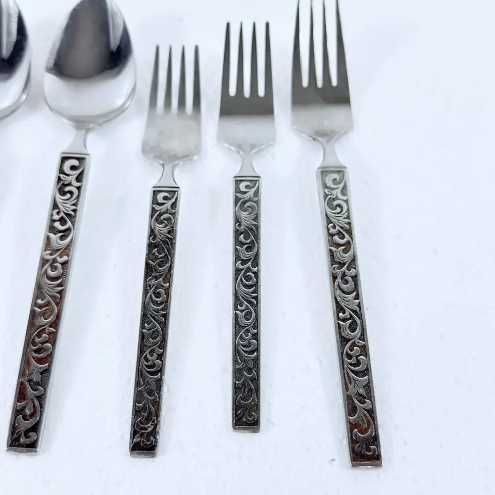 VTG Riviera Rose Stainless Flatware Japan LOT 9 Pc Black Textured Floral MCM